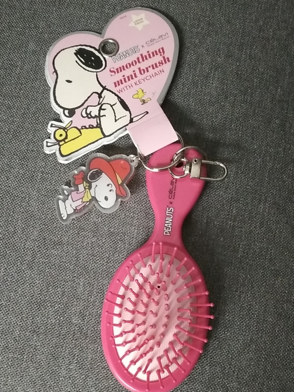 Peanuts Pink Mini Hair Brush Keychain with Snoopy Charm